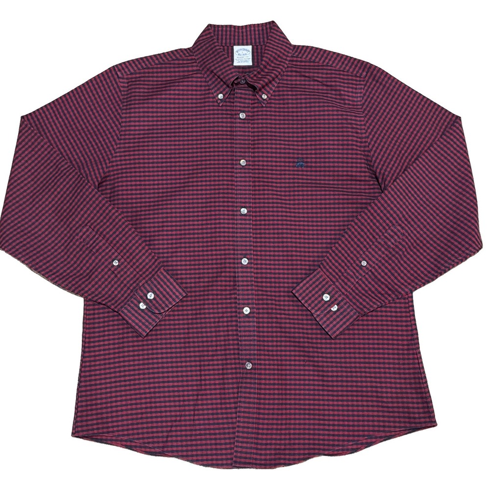 Brooks Brothers Shirt Mens Large Regent Fit Non Iron Stretch Red Navy Gingham